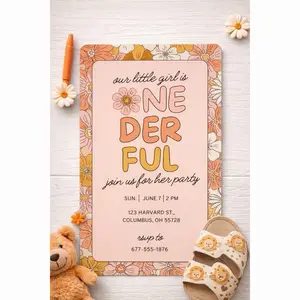One Derful First Birthday Invitation Girl Retro Floral 1st Birthday Invite 5x7 Inches Premium Cardstock Vintage Floral Design Groovy Boho Party