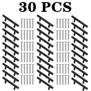 30-Pack Polished Matte Black Stainless Steel Cabinet Handles - 15cm Drawer Pulls, 9.6cm Center-to-Center Hole Spacing, Incluing Hardware, Perfect for Kitchen and Home Drawers