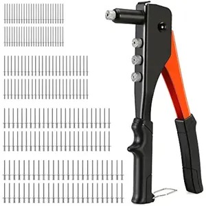 4-in-1 Hand Riveter/Rivet Gun, Pop Rivet Tool Kit with 200 Rivets - 3/32-inch, 1/8-inch, 5/32-inch, 3/16-inch, 4 Interchangeable Nosepieces, Suitable for Metal