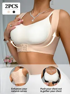 2-Pack Women's Compress Shapewear Blouses, Seamless Adhesive Cutout Micro-Shaping Front Button Bra Support, Simple Casual Backless Shapewear, Underwear
