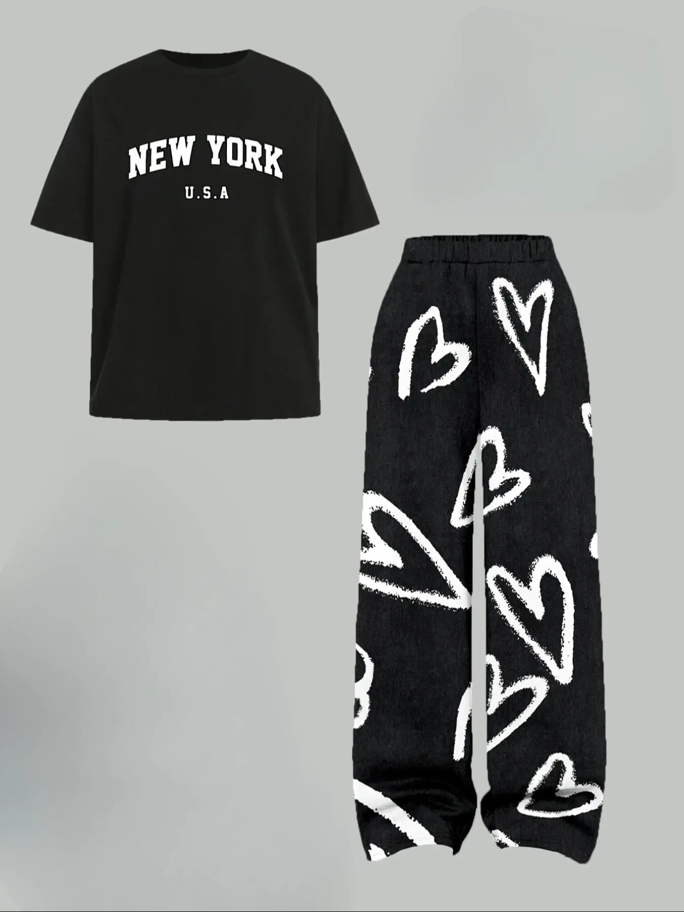 Girl's Heart Print Tee & Heart Print Pants Set, Casual Fashion Cozy Round Neck Long Sleeve T-shirt & Trousers for Daily Outdoor Wear, Kids Clothing f