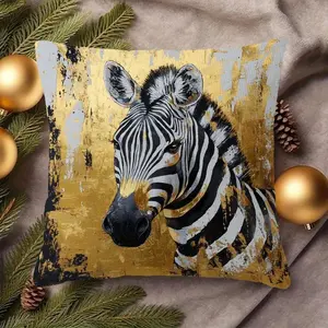 1pc Zebra-Themed Decorative Throw Pillow, Creative Decorative Cushion, with Golden Accents Short Plush Pillowcase 17.7x17.7 Inches Without Pillow Core, Single-sided Printed, Suitable for Home, Office & Room Decoration