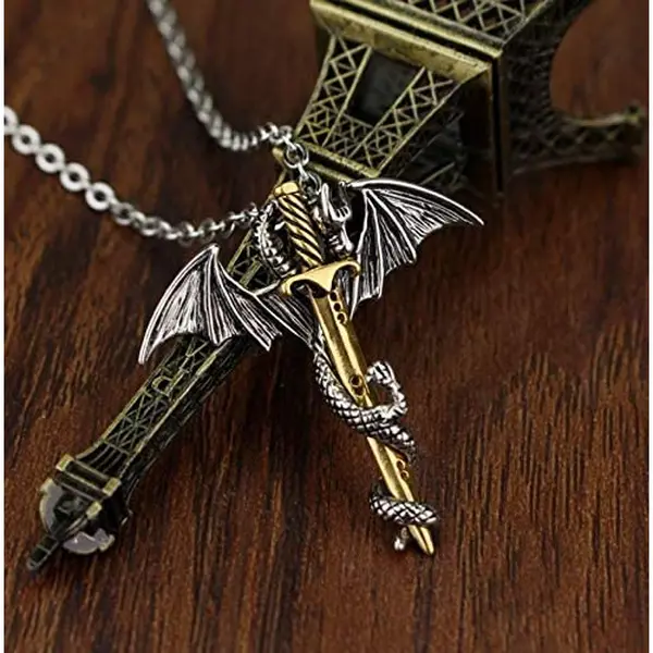Silver & Gold Dragon & Sword Necklace Stainless Steel Goth, GOT Game of Thrones