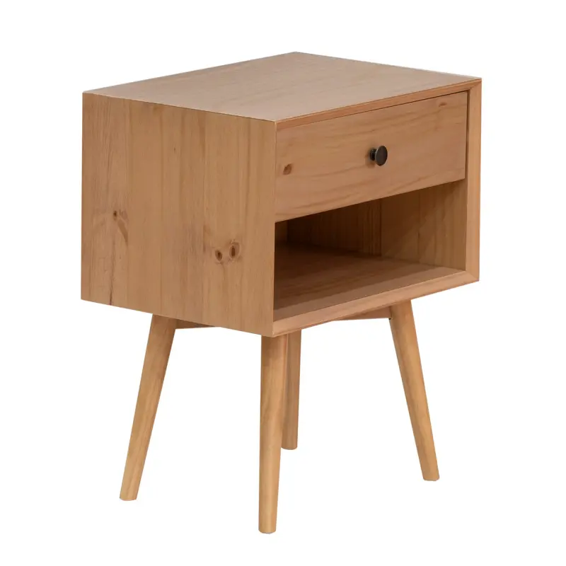 Mid-Century Solid Wood 1-Drawer Nightstand Natural Pine