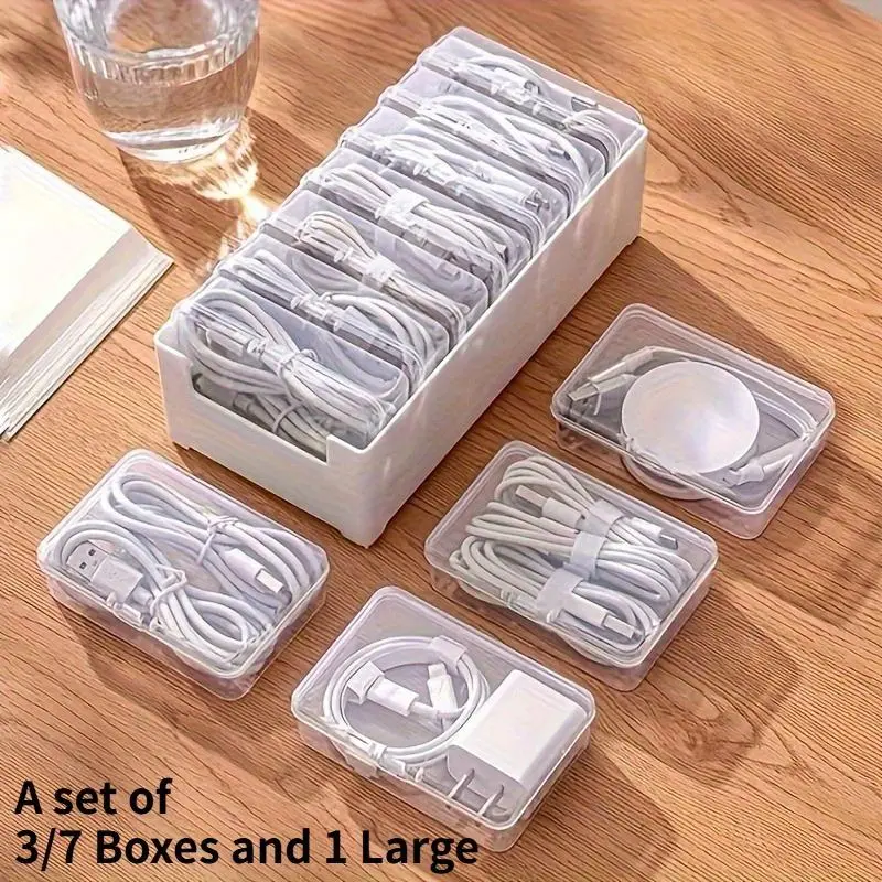 1 Set Of 3/7 Boxes Data Cable Storage Box Artifact Charging Cable Mobile Charger Multifunctional Organizer Winder Desktop Cable Management Box, HEROBABY