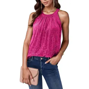 Women’s Sequined Halter Neck Sleeveless Sparkling Shiny Dressy Tank Top – Glittery, Flowy Party/Club Outfit