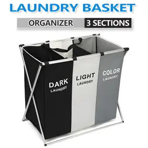 118L Standard Rectangular Clothes Basket Organizer, 3-Section Collapsible Eco-Friendly Laundry Bin Sorter with 3 Grids, Floor-Mount Hamper for Home Bathroom Clothes Sorting and Storage