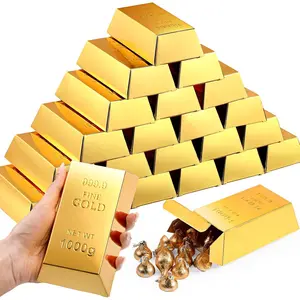 24 count  Bar   Box Foil  Bar Party Favor Boxes Paper Golden Favor Boxes Treasure Brick for Pirate  Theme Party Decorations Candy   Toys, 5.5 x 3.2 Inches
