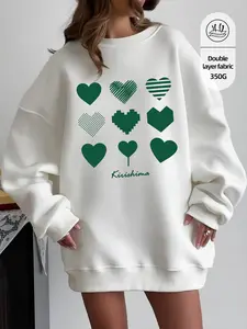 Three-Row Heart Pattern Letter Print Hoodie, High-Quality Loose Fit Round Neck, Ribbed Cuffs and Hem, Casual All Seasons Wear
