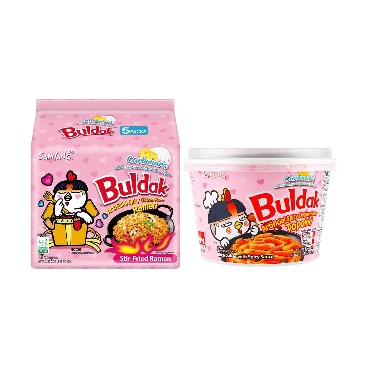 Samyang Buldak Pink Creamy Cheese Ramen Noodles 5-Pack & Tteokbokki Bowl Bundle - Spicy Korean Stir-Fried Rice Cakes & Instant Noodles Snack