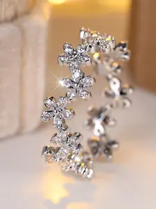 Silver Color Ring with Synthetic Zircon, Elegant Flower Cluster Design, Adjustable Band, High Polish Anti-Oxidation Coating