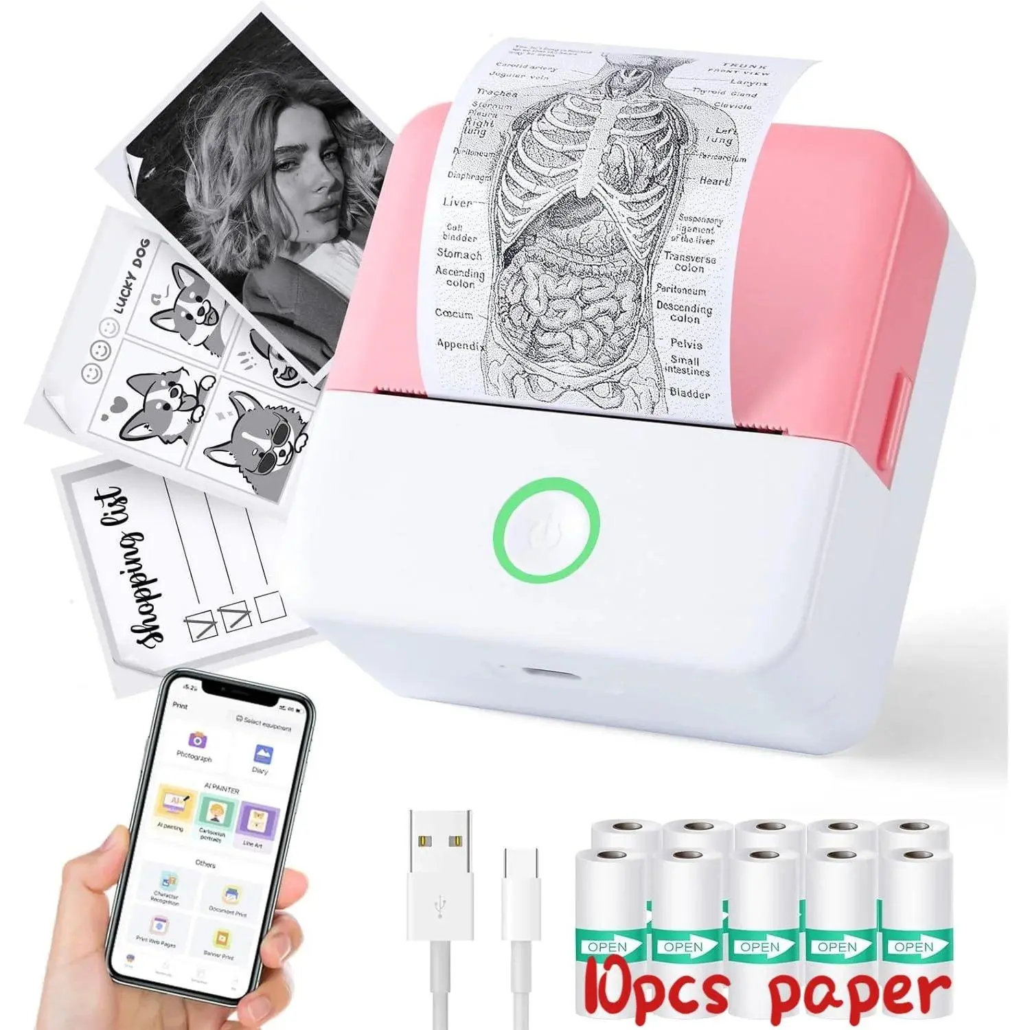 Mini Bluetooth Photo Printer with 10 Rolls Printing Paper