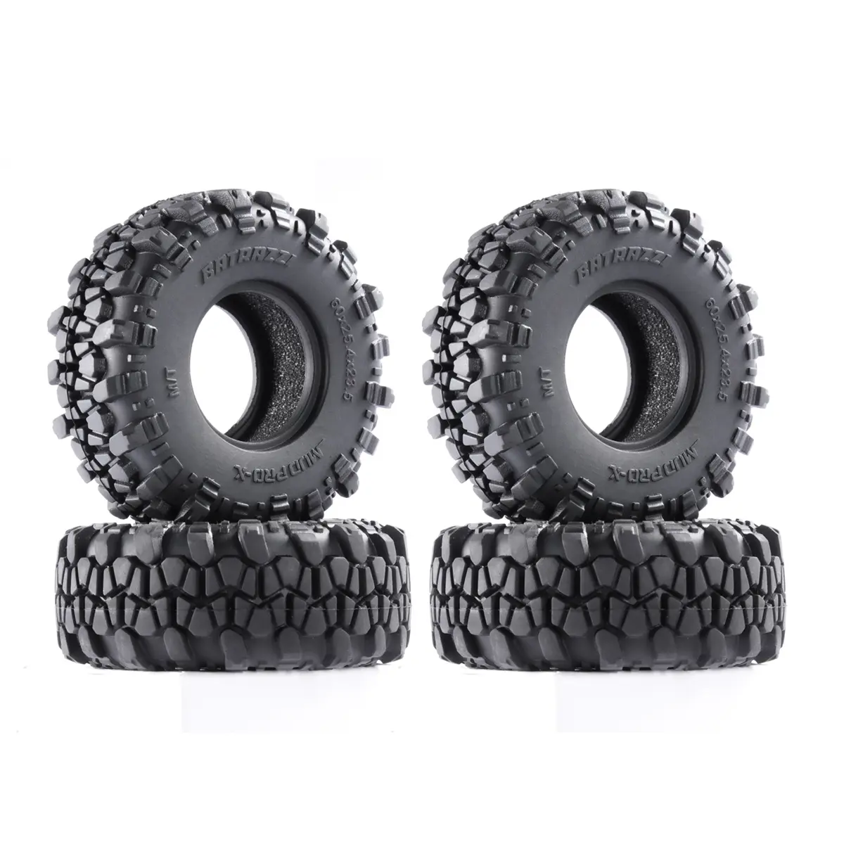 BATRAZZI Rubber Mud Pro-X 1.0" M/T V2 RC Electric Toy Accessory Tires (4pcs, 60*23.5mm) for Adults, Kids, 1/18 & 1/24 Crawlers - Boosts Better Cornering, Improves Aesthetic, Car Performance Enhancement, 1/18 And 1/24 Crawlers, Grip, Aggressive, Mud Grip B