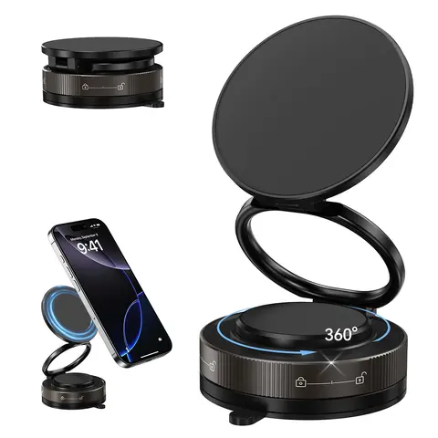 Magnetic Phone Mount for Car - MagSafe Vacuum Suction Cup, 360° Adjustable Foldable Pocket-Size Portable Holder, Universal Fit, 360 Degree Rotation Phone Holders & Mounts, MagSafe Adapters Included, Auto Gadgets