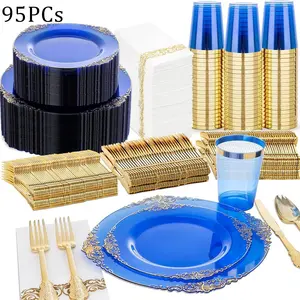 95 Piece Blue Vintage Lace Party Set, Reusable Heat Resistant Cutlery Set, Includes Plates Knives Forks Spoons Cups Napkins, Perfect for Easter New Year Christmas Birthday Wedding, Dinnerware Sets, Tableware, Dinnerware Service Set