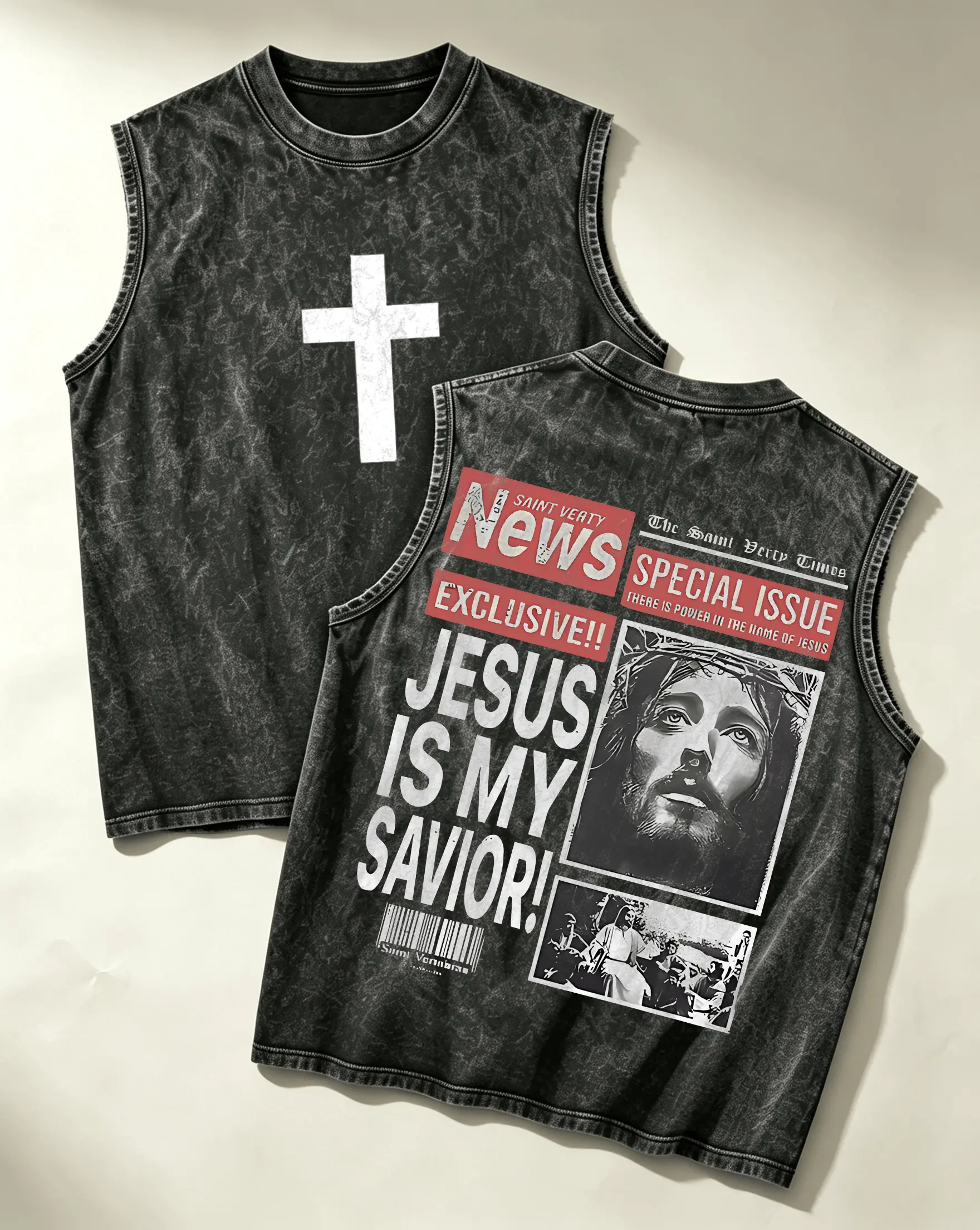 Menswear ，Jesus Retro Graphic Poster，Men's Vintage Gothic Oversized SleevelessGraphic Vest - Washed Black, Y2K Streetwear, SummerCasual Top singlets