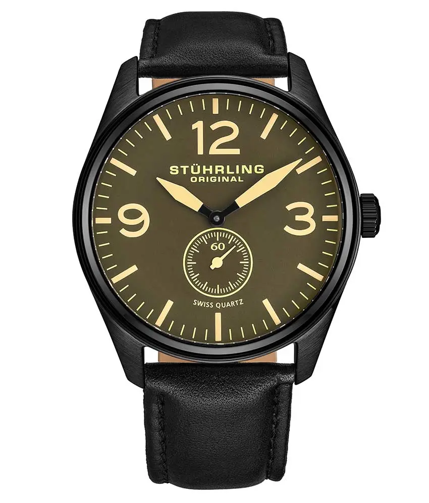Men's Round Aviator Watch with a Genuine Leather Strap, 42mm Case with Polished Bezel and Black Rubber Rim, Quartz Movement, 5 ATM Water Resistant, None