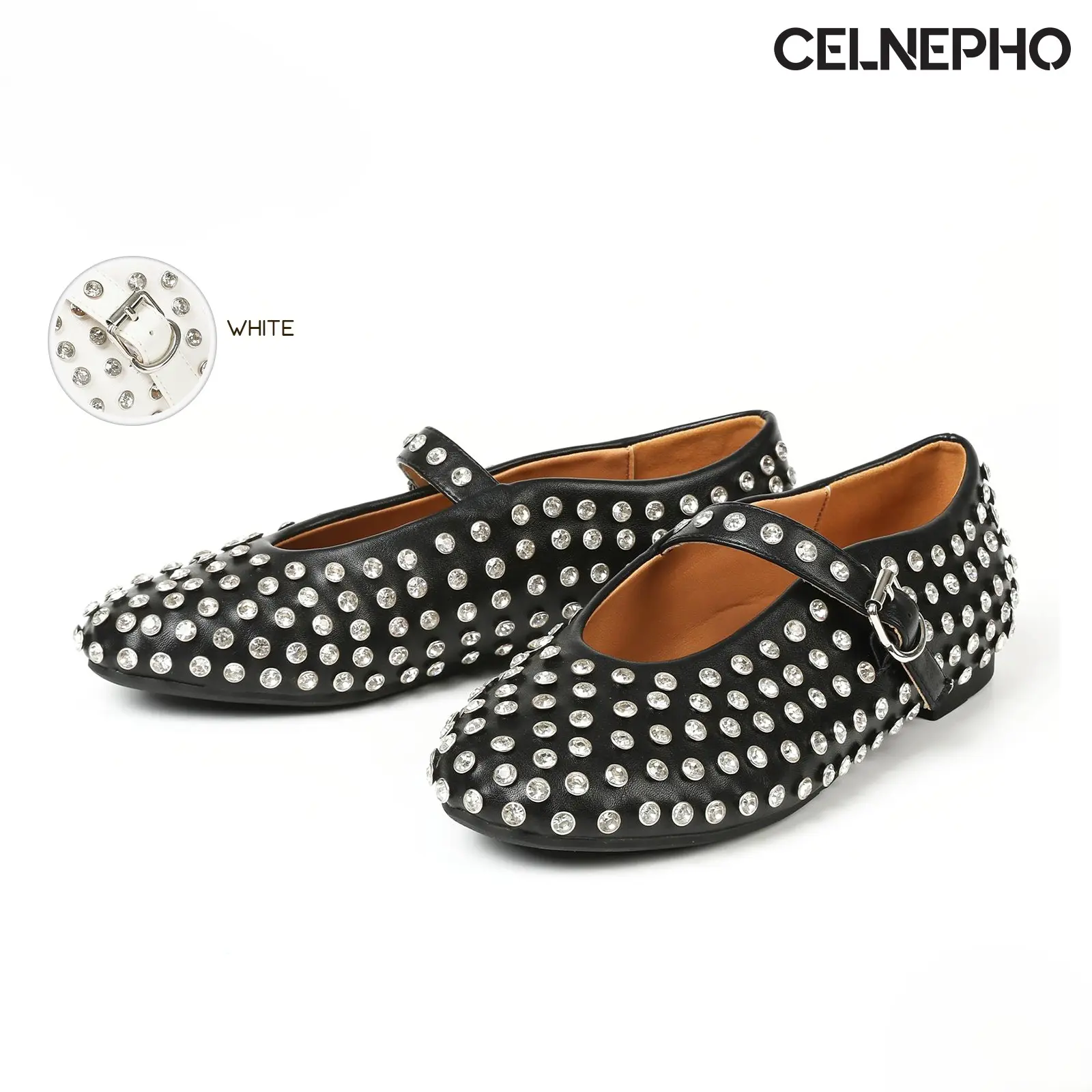 CELNEPHO Womens Mary Jane Flat Round Toe Buckle Strap Rhinestone Ballet Flats Glitter Studded Comfortable Ballerina Dress Shoes
