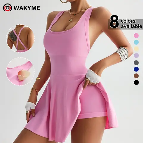 Women's U-Neck Tummy Control Seamless Skort Sports Dress with Removable Padding & Backless Design, Womenswear Compression Fit Ribbed Fabric Tummy Control Casual & Elegance Tennis Skirt