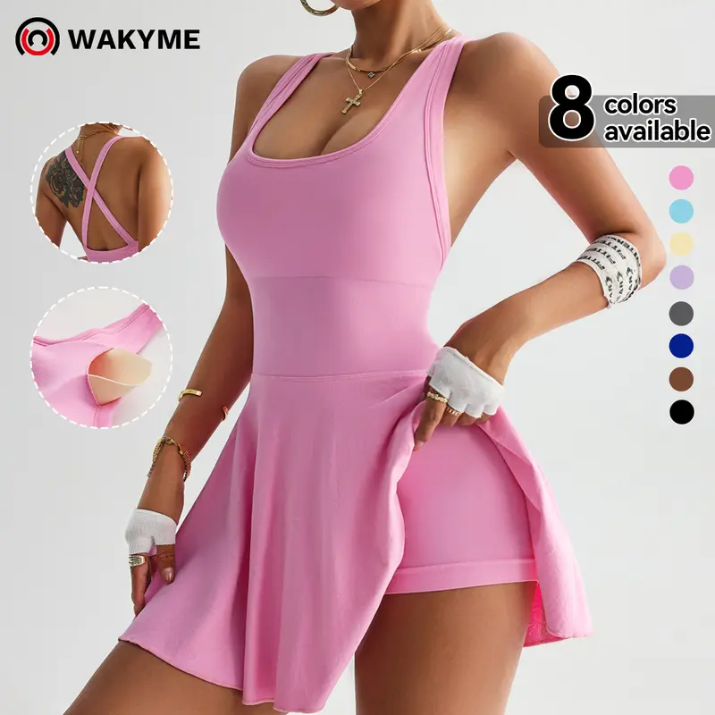 Women's U-Neck Tummy Control Seamless Skort Sports Dress with Removable Padding & Backless Design, Womenswear Compression Fit Ribbed Fabric Tummy Control Casual & Elegance Tennis Skirt