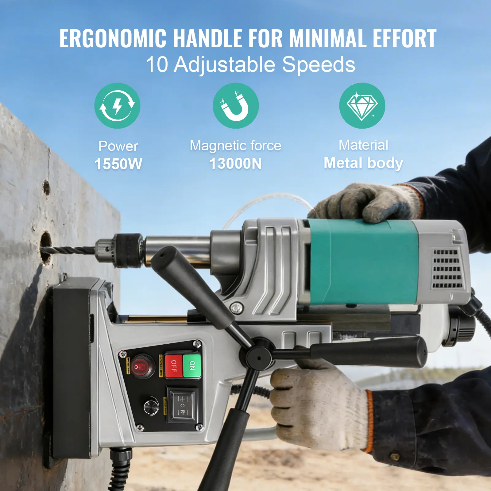 D8840 110V Portable Magnetic Drilling Rig - With Strap, Gloves & 1/4 Hand Crank, For Steel Structure Construction, Narrow Space & Deep Drilling Tasks