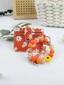 Sweet Style Silicone Beaded Wrist Keychain, Keychain Wristlet Strap, Daisy Print Card Holder with Matching Fringe Design, Portable Coin Purse Gift, Floral Pattern Keychain