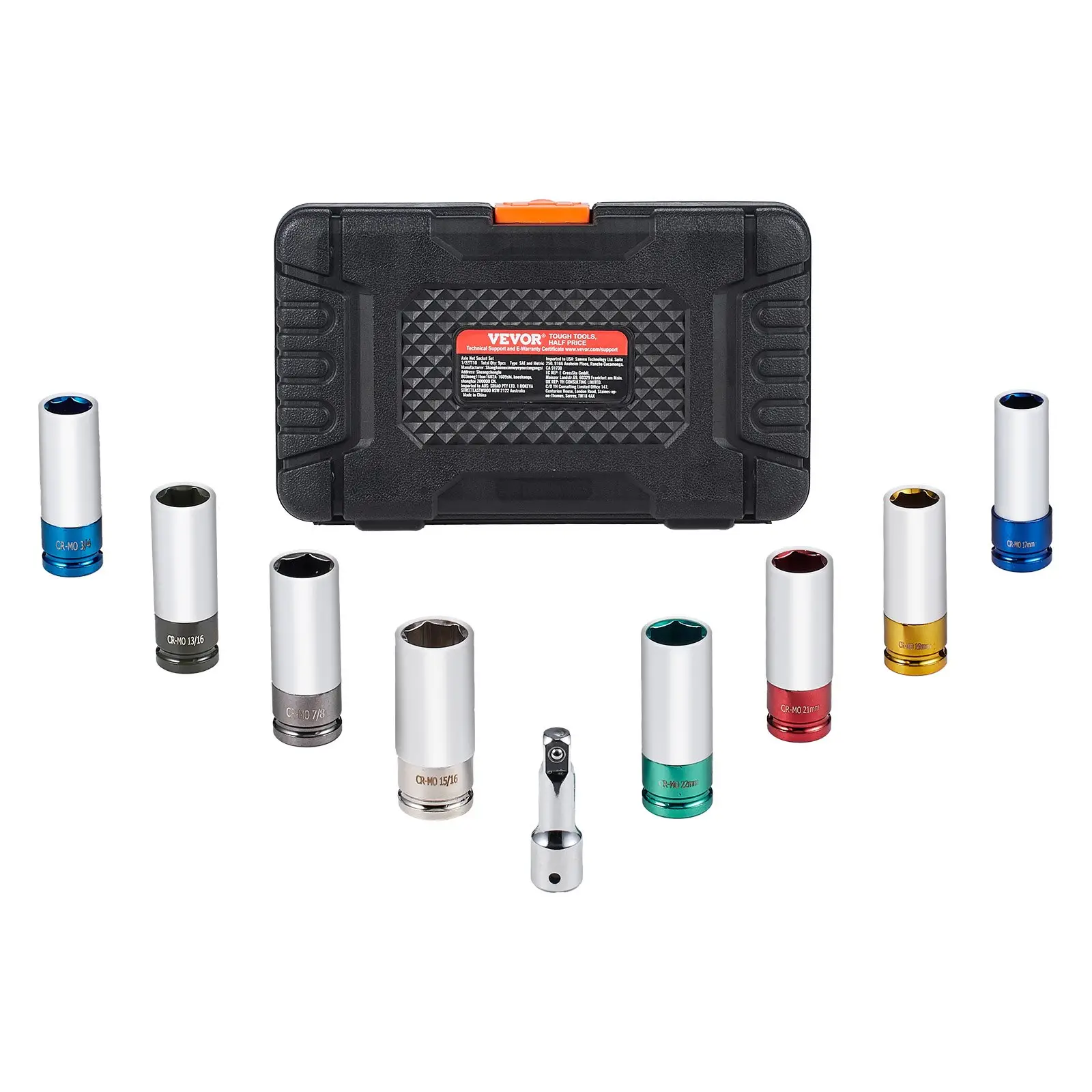 VEVOR 1/2 inch Drive Lug Nut Impact Socket Set - 8 Lug Nut Sizes Metric and SAE 6-Point Deep Socket CR-MO Steel Wheel Socket Set with Storage Case and