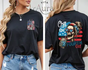Funny 4th of July Shirt: USA Skeleton Hand, Retro American Flag, Chill The Fourth Out