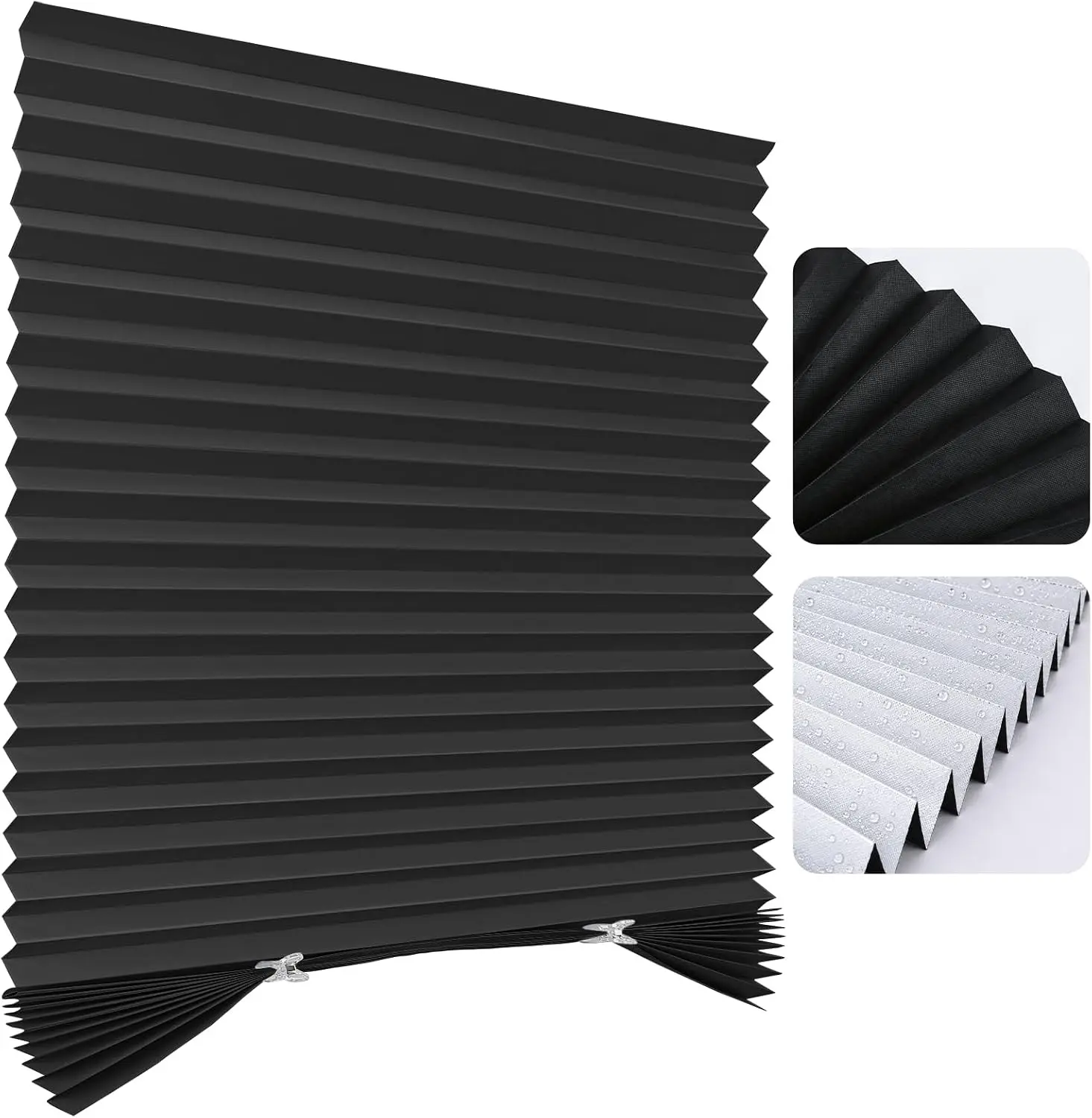 Blackout Pleated Paper Blinds 35" W x 71" H Black 4PCS No Drill Cordless Temporary Darkening DIY Self Adhesive Cut to Size Window Coverings with Clips