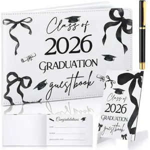 Leather Graduation Guest Book with  Table Sign and Signature Pen 144 Pages Class of 2026 Graduation Signature Book Grad Guest Scrapbook College Party Supplies(Black,Black Bow)