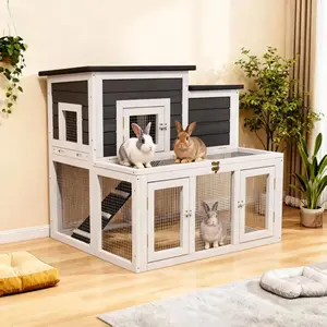 Outdoor 2 Story Wooden Rabbit Hutch with 2 Openable Asphalt Roofs, Indoor Guinea Pig Cage with Wire Mesh and Tray,Black with White