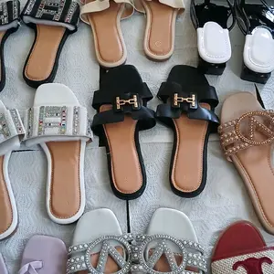 the sizise 37,38,39,40,41,43Elegant Black and White Slippers with Gold Buckle and Rhinestone Details for Women's Footwear