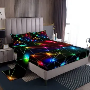 Rainbow Neon Lights Bed Sheet Set for Kids,Colorful Glowing Crossed Stripes (Not Glowing) Sheets Set,Geometric Modern Home Decor Sheet Set,with Deep Pocket,Top Flat Sheet,Multi 5