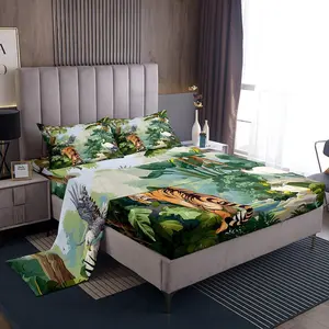 Tiger Animal Bed Sheet Set for Kids,Green Palm Leaves Jungle Sheets Set,Rainforest Eagle Wildlife Home Decor Sheet Set,with Deep Pocket,Top Flat Sheet