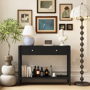 39.40" Narrow Console Table with Drawers & Open Storage Shelf, Sturdy Wood Accent Sofa Table, Modern Entryway Table for Hallway, Living Room, Foyer & Home Office
