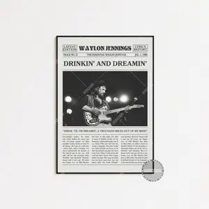 Waylon Jennings Retro Newspaper Print Poster, Drinkin’ And Dreamin Poster No Frame, Turn The Page Poster