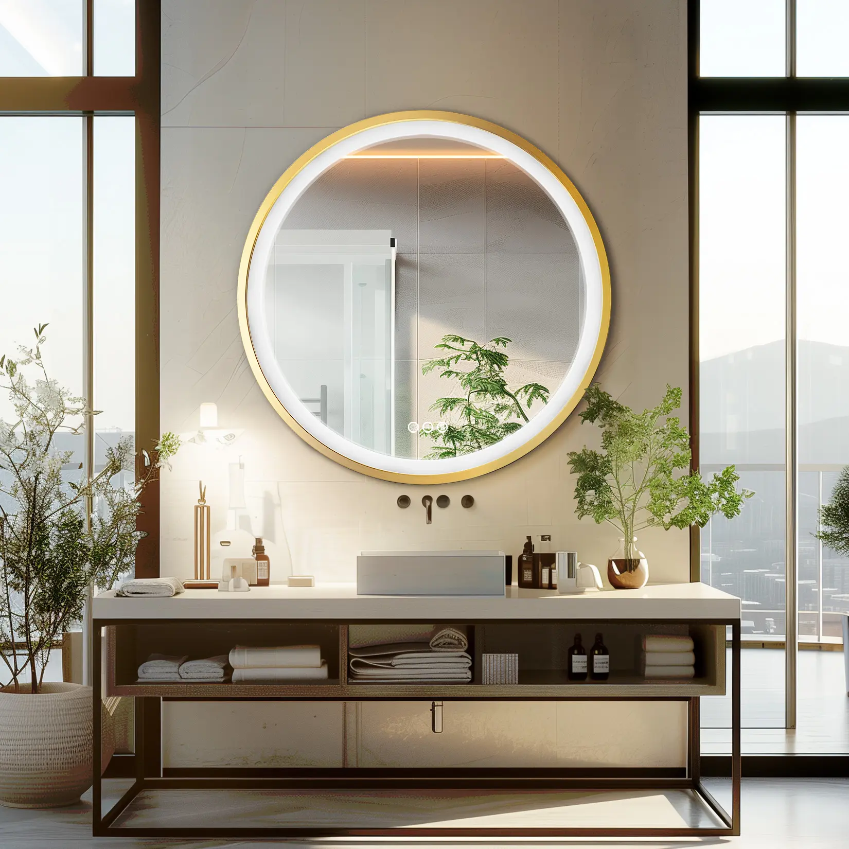 32-Inch Gold Round LED Bathroom Mirror with Dimmable Lights, Anti-Fog, Aluminum Frame for Home Improvement Bathroom Fixtures