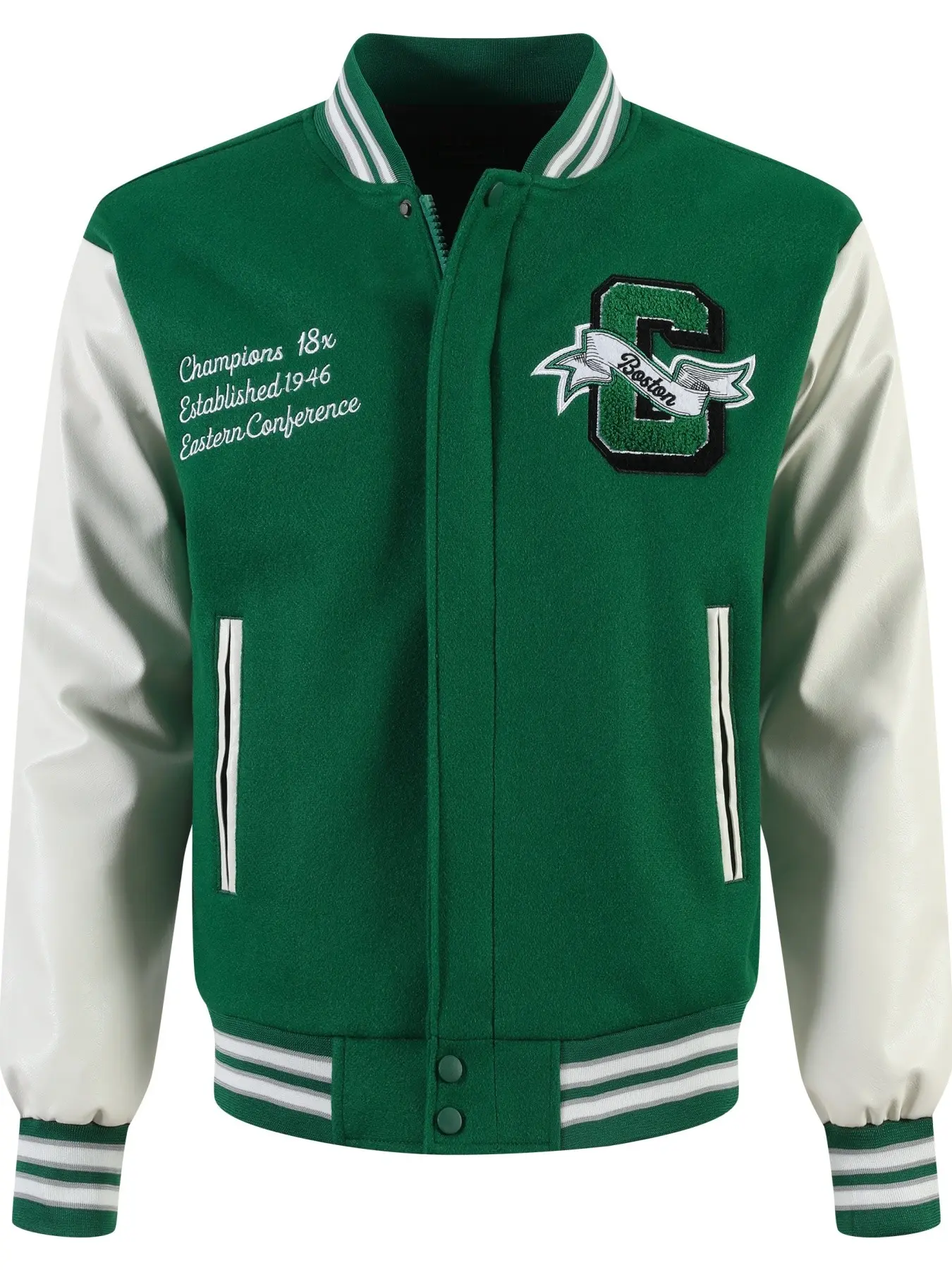 Men's Green Letter Patchwork Leather Baseball Collar Bomber Jacket Fashion High-End Embroidered ziper pull on Casual Outdoor Coat Loose Casual Sporty Long Sleeve Varsity Jacket for Fall & Winter Outerwear for Daily Wear Collared Jacket Zip Up Jackets