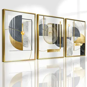 3 Counts Aluminum Alloy Framed Painting, Geometric Gold And Grey Abstract Art, Home Decoration For Living Room, Bedroom, Office, Restaurant, Hallway Wall Decor, Odorless Print Artwork, Luxury Perfect Gift For Friends And Family