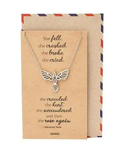 Quan Jewelry Women's Handmade Silver-Tone Phoenix Pendant Chain Jewelry Necklaces, Bird Charm, Inspirational Quote Card, Adjustable Chain