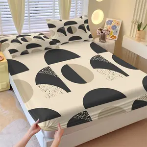 3-Piece Geometric Print Fitted Sheet Set, Minimalist Mid-Century Modern Bedding, Soft & Comfortable Fabric, Deep Pocket Fit Design, All-Season Use, Durable & Washable, Perfect for Bedroom Decor