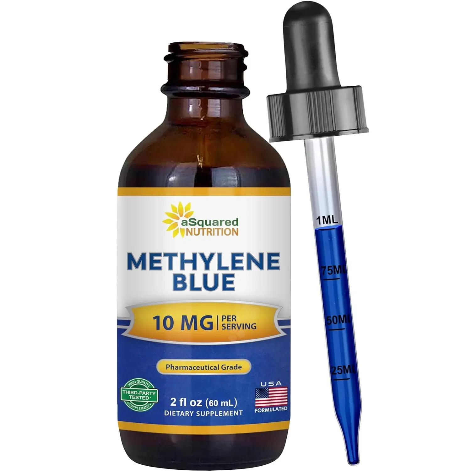 aSquared Nutrition Methylene Blue Drops - 1% Pharmaceutical Grade Liquid Supplement for Humans - 10mg USP Grade w/Vitamin C - No Formaldehyde - Brain & Energy Alternative to Capsules (2 fl oz)