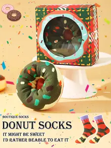 Funny Colorful Donut Socks with Flame Stripes, Creative Food Theme Gift Box, High Stretch Soft Comfortable, Unisex Knee-High Socks