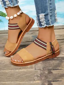 Women's Striped Webbing Sandals, Casual Flat Slip-On Shoes, Anti-Slip Durable Summer Beach Footwear, Versatile Everyday Wear