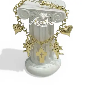 Angeline Lorn  Bracelet  #1214  with Angel Cross & Heart Charms for Women's Laminado 14k Capa Oro Real Alta Calidad Uso Diario
