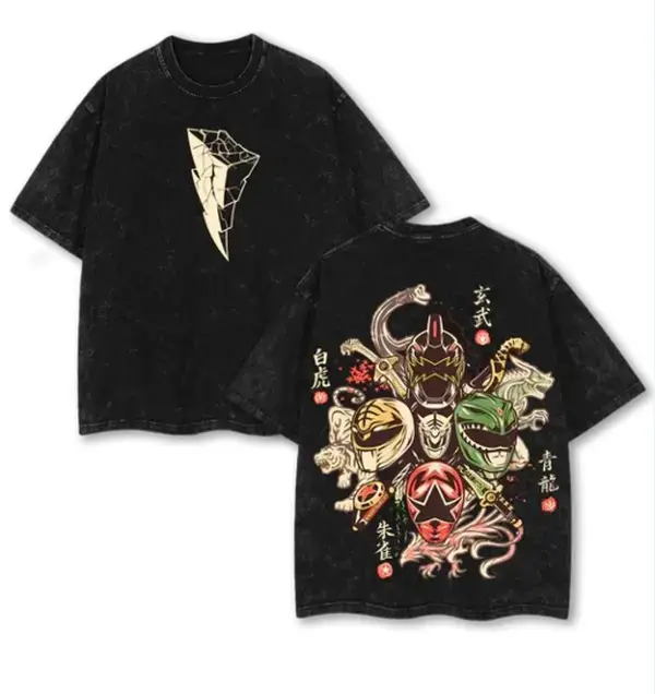 Retro Washed Power Rangers Four Symbols Graphic T-Shirt, Samurai Helmet Print, Oversized Unisex Casual Streetwear