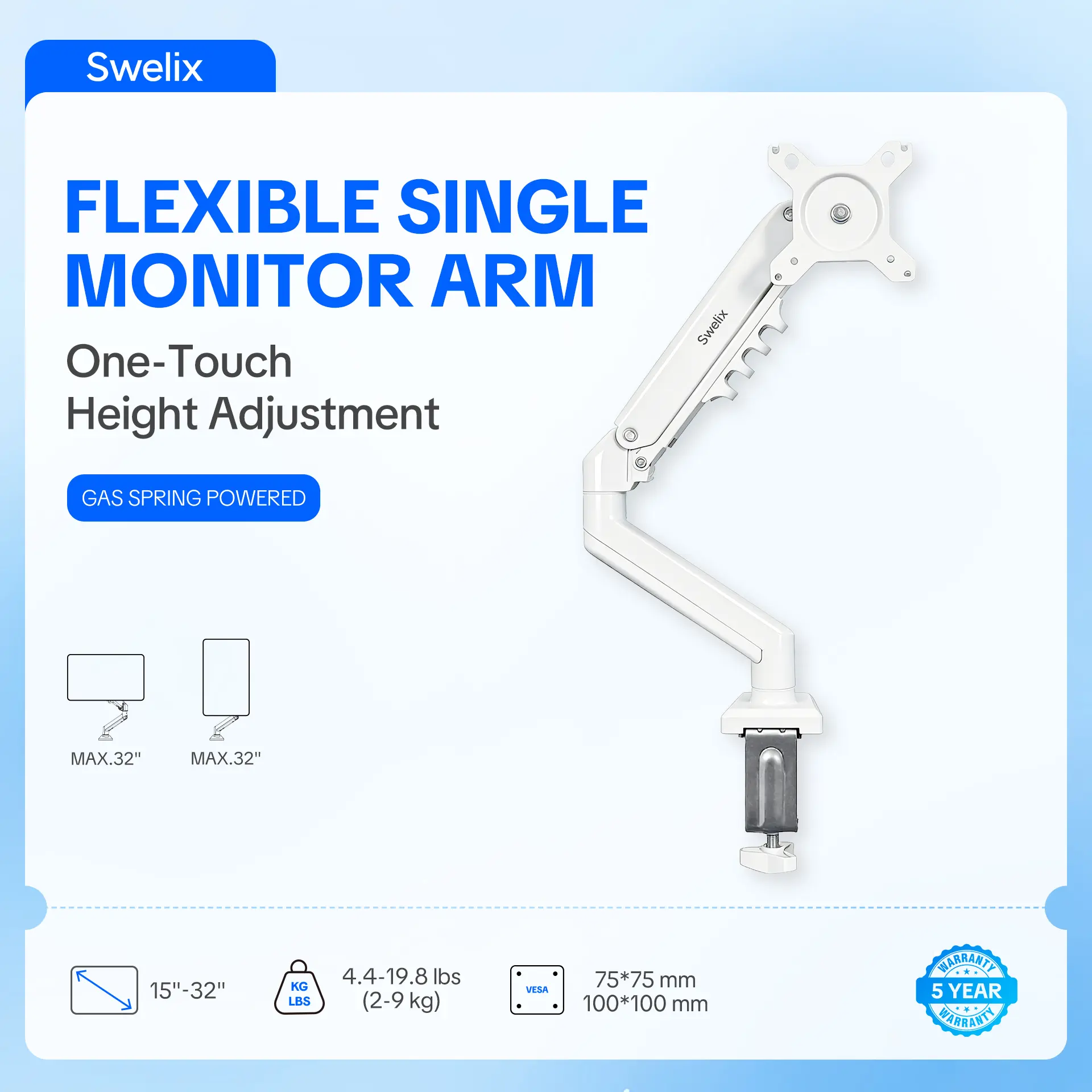 SWELIX Flexible Single Monitor Arm - Adjustable Desk Mount for 15-32" Screens, Computer Accessories, Quick VESA Install, Cable Management, 19.8lbs Capacity, C-Clamp/Grommet Install, Gaming/Office Use
