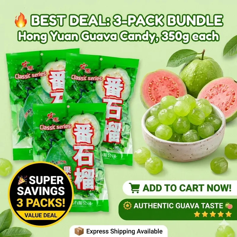 Hongyuan Guava Hard Candy 3-Pack Bundle (350g / 12.35 oz Each) - Classic Asian Tropical Fruit Flavor Sweets, Individually Wrapped Candies for Office, Party Favors & Snacking - Total 1050g / 37 oz