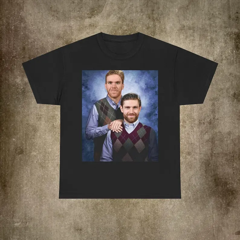 Men's 100% Cotton Fitted T-Shirt - Leon Draisaitl-Connor McDavid Edmonton Step Brothers Graphic Print, Split Detail, Round Neck, Breathable, All Seasons Preppy Menswear Top (Unisex, Chinese New Year Focus), Fitted Cut, Basics, Christmas