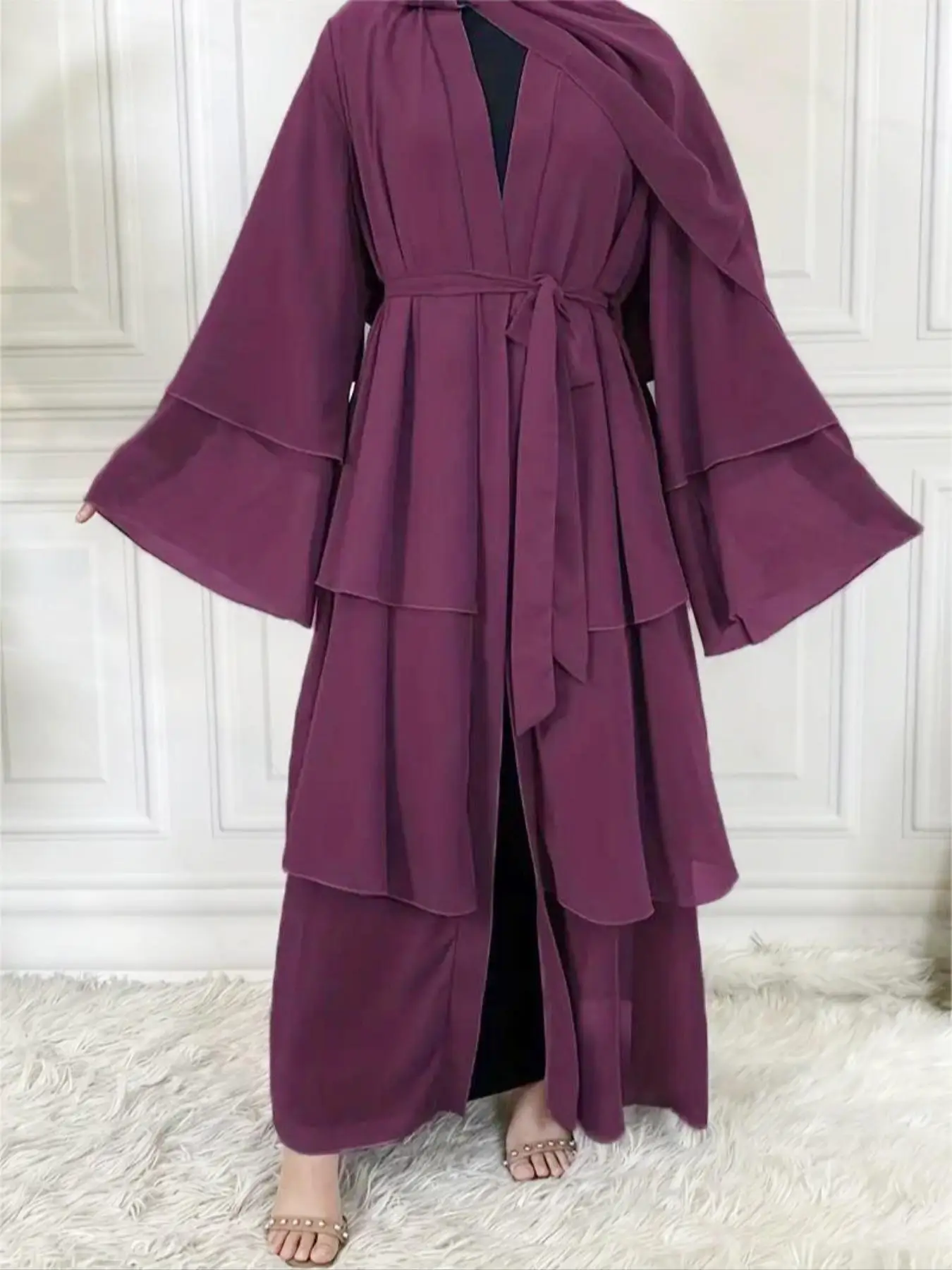 Women's Solid Belted Tiered Layer Flounce Sleeve Kaftan Dress, Elegant Long Sleeve Open Front Dress for Spring & Fall, Women's Islamic Clothing for Da